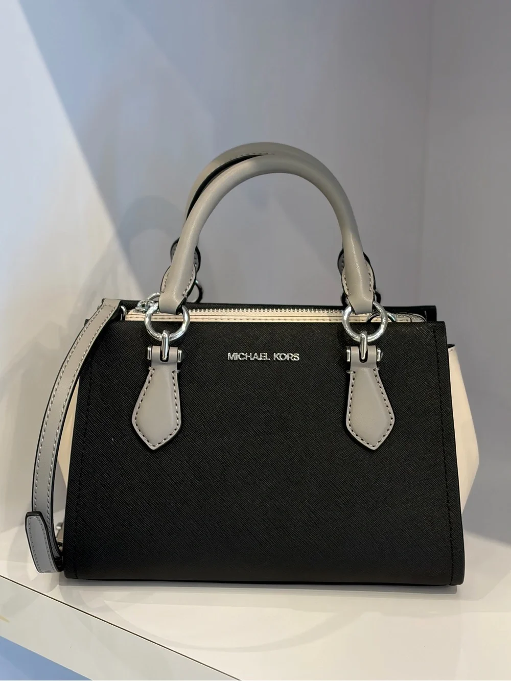 MICHAEL KORS Black, Light Gray and White Satchel